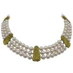 Elizabeth Gage Pearl and Gold Three Strand Necklace