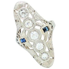 Estate Art Deco 14 Karat White Gold .85 Carat Diamond and Sapphire Filigree Ring