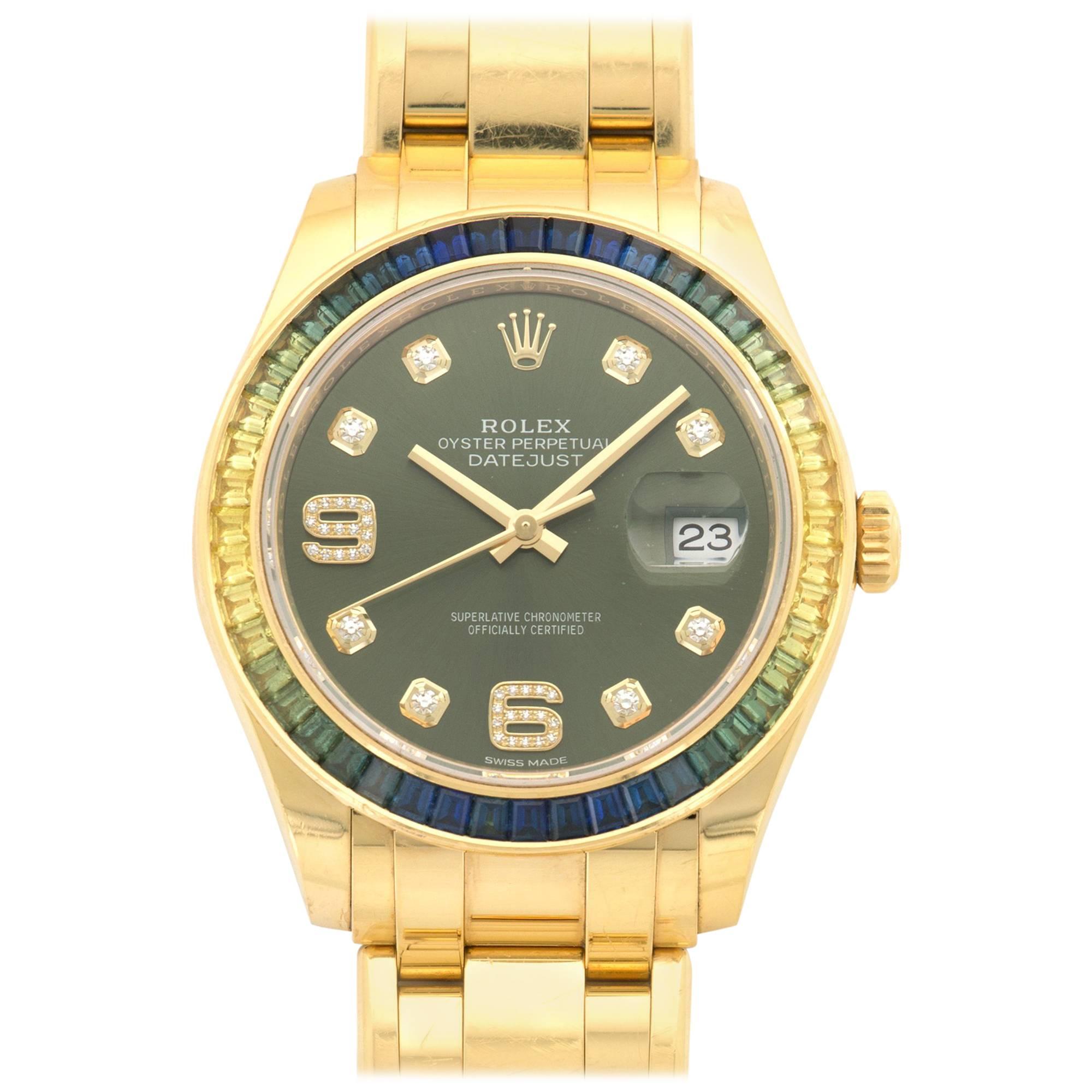 Rolex Yellow Gold Multicolor Sapphire Datejust Masterpiece Wristwatch Ref 86348