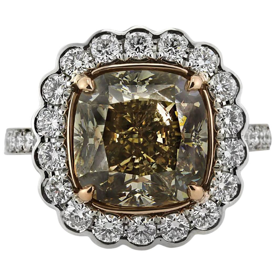 Mark Broumand 7.11ct Fancy Yellowish Brown Cushion Cut Diamond Engagement Ring
