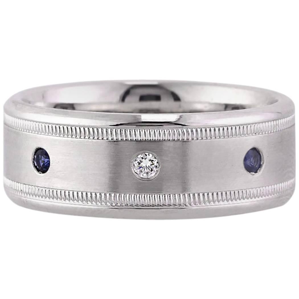 Mark Broumand Men's Sapphire and Diamond Wedding Band in 14 Karat White Gold