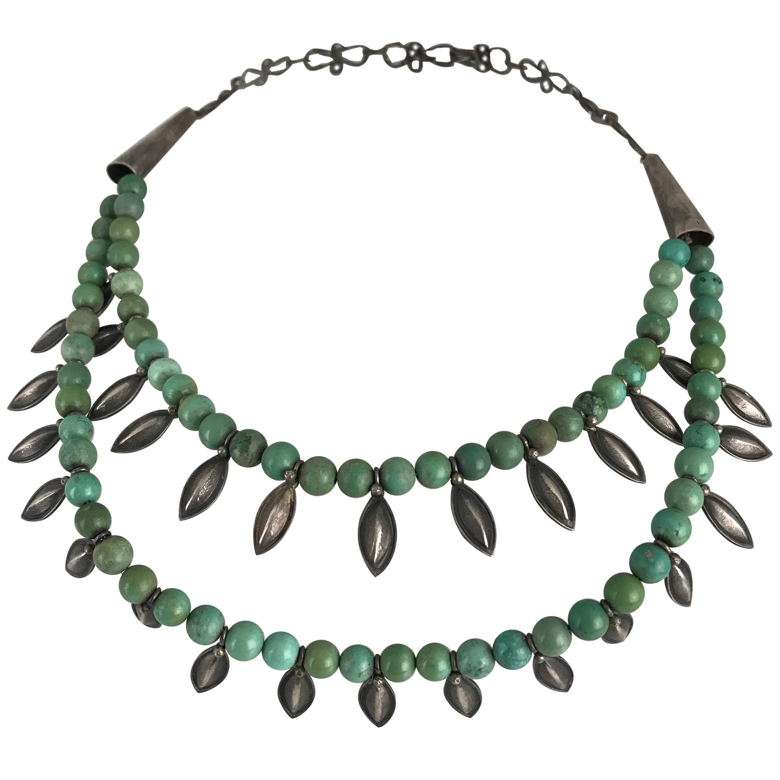 Ethiopian, Turquoise Sterling Silver Handmade Tiered Necklace, circa 1960 For Sale