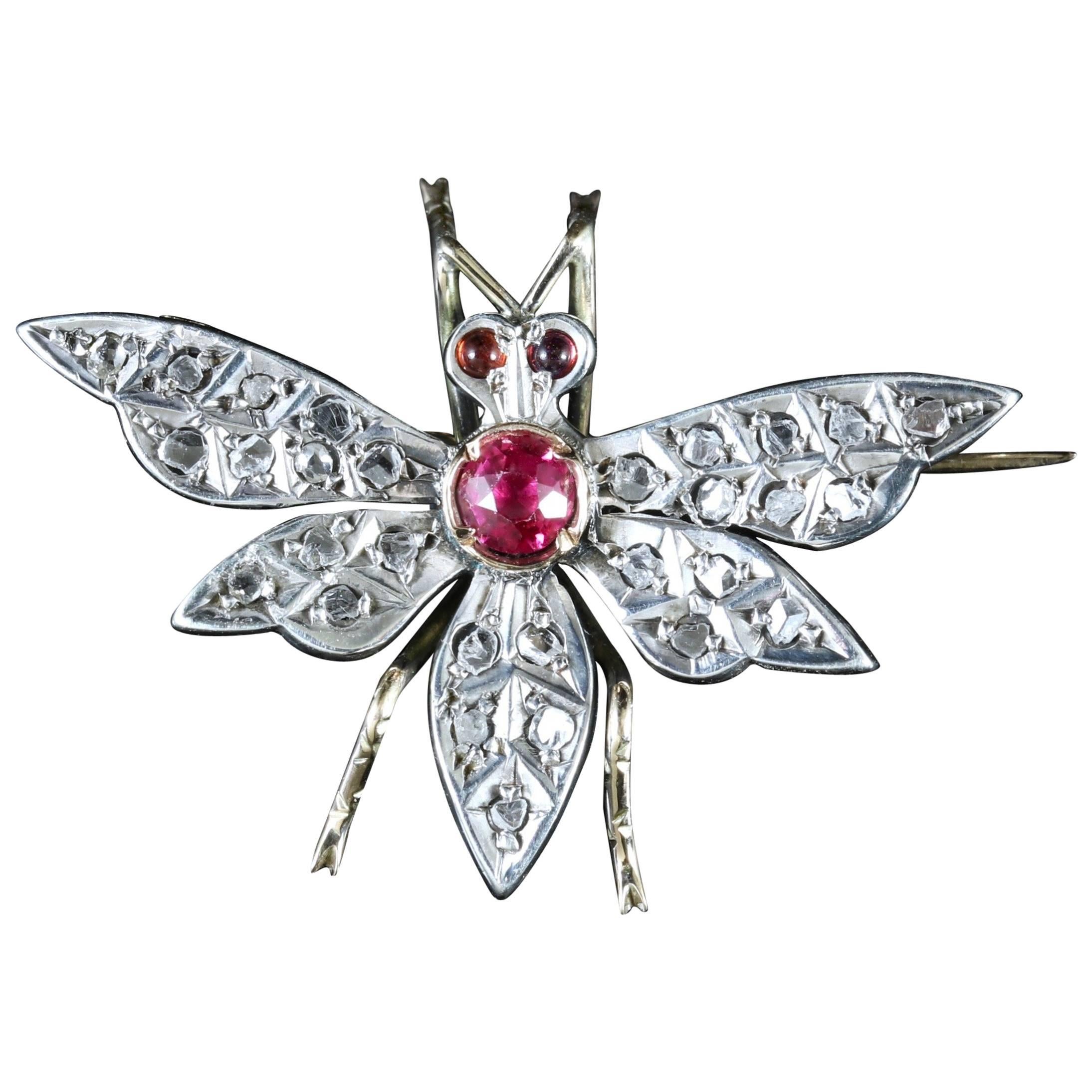 Victorian Ruby Diamond Butterfly 18 Carat Silver Brooch, circa 1900 For Sale