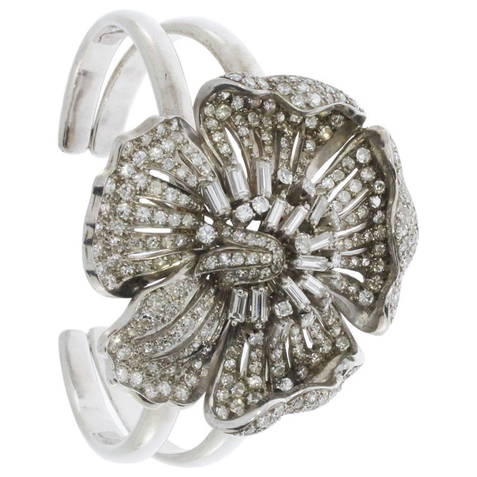 Art Deco Diamond Gold Platinum Flower Bangle Bracelet