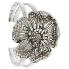 Art Deco Diamond Gold Platinum Flower Bangle Bracelet