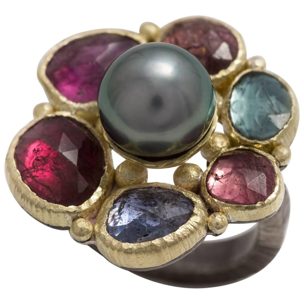 Multicolored Tourmalines Tahitian Pearl Gold and Sterling Silver Cocktail Ring For Sale