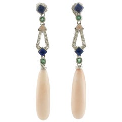 Emeralds, Diamonds, Lapis, Pink Coral Drops, 14K White Gold Drop Earrings
