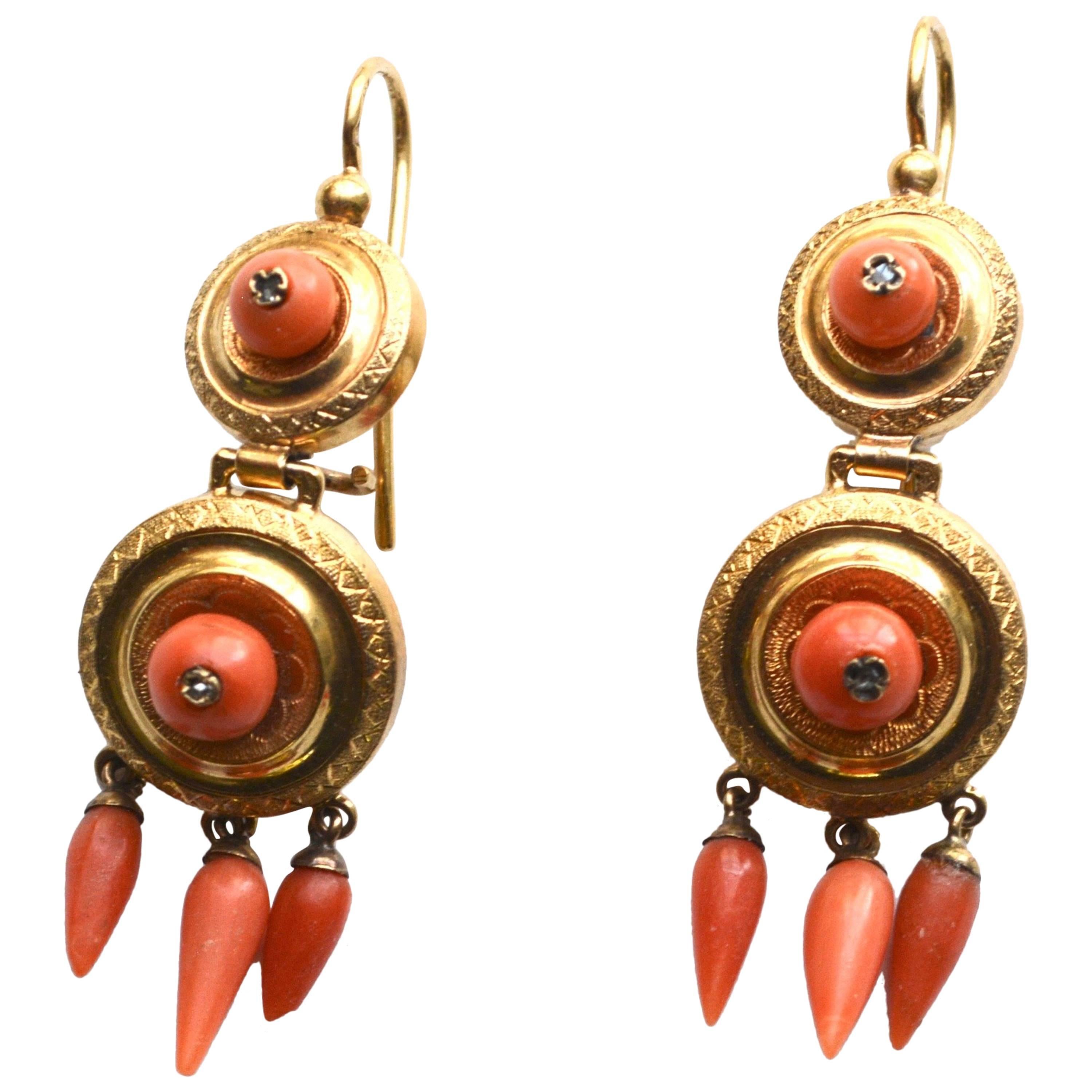 Victorian 14 Karat Coral Earrings For Sale