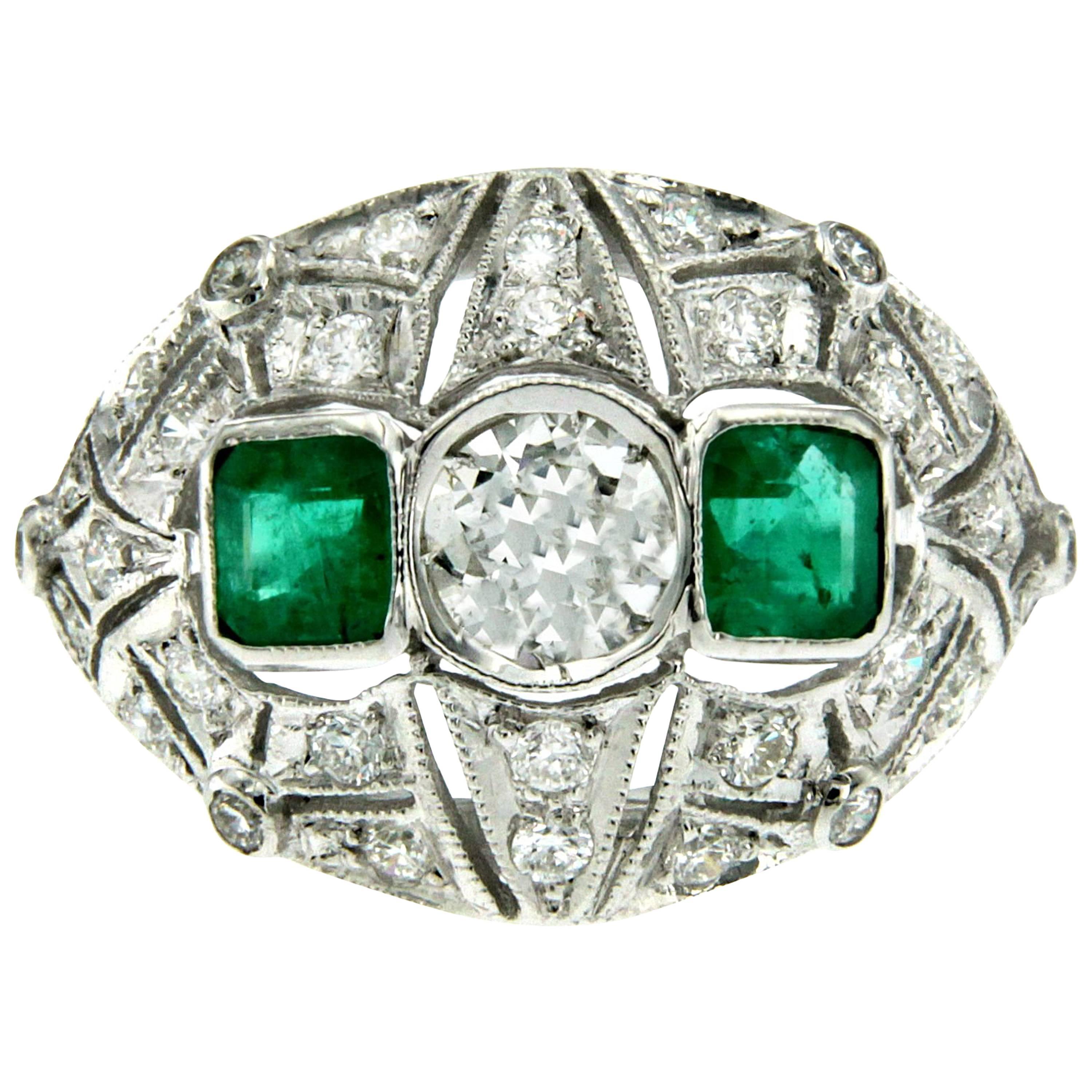 Art Deco Diamond Emerald Gold Ring