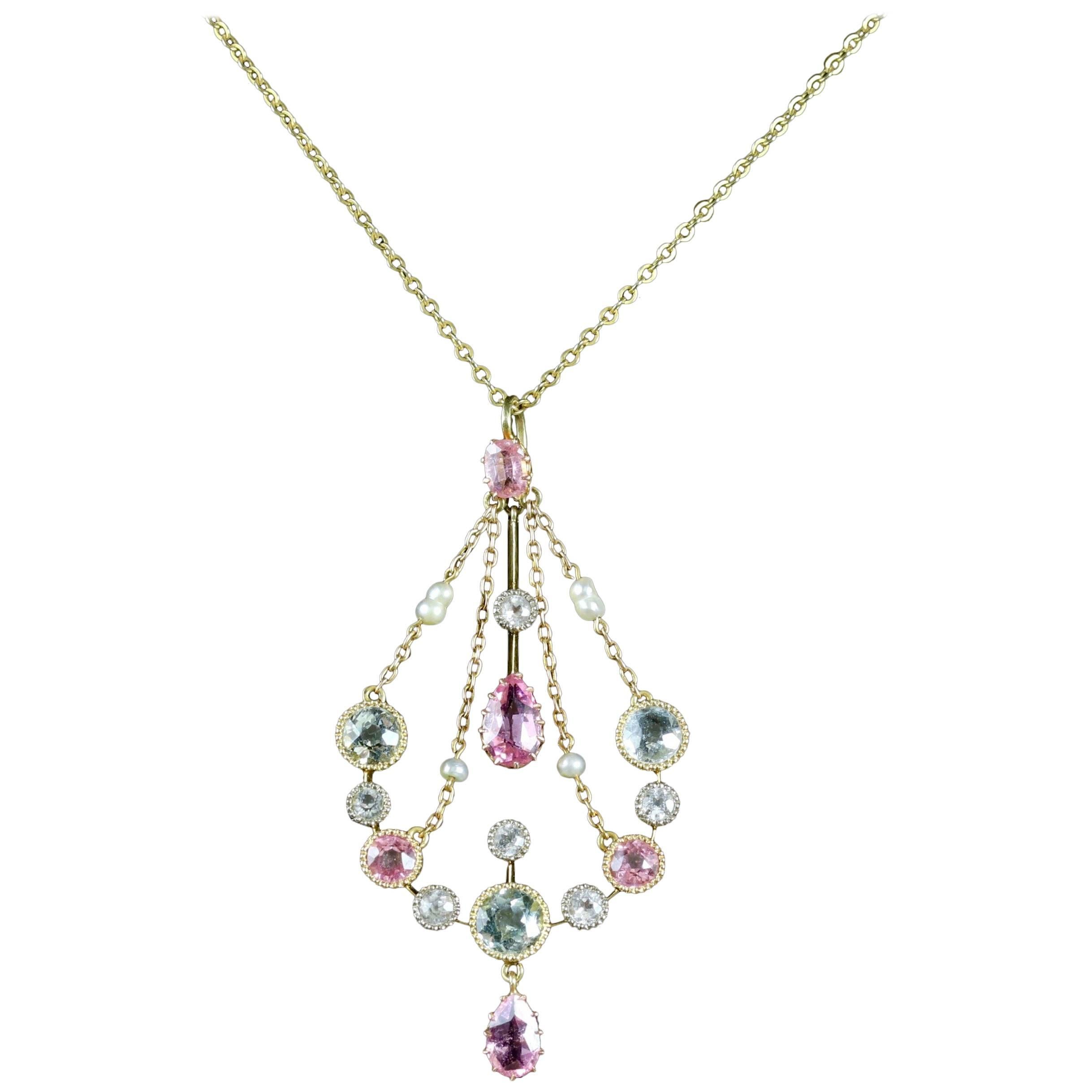 Victorian Aquamarine Pink Sapphire 18 Carat Necklace, circa 1900