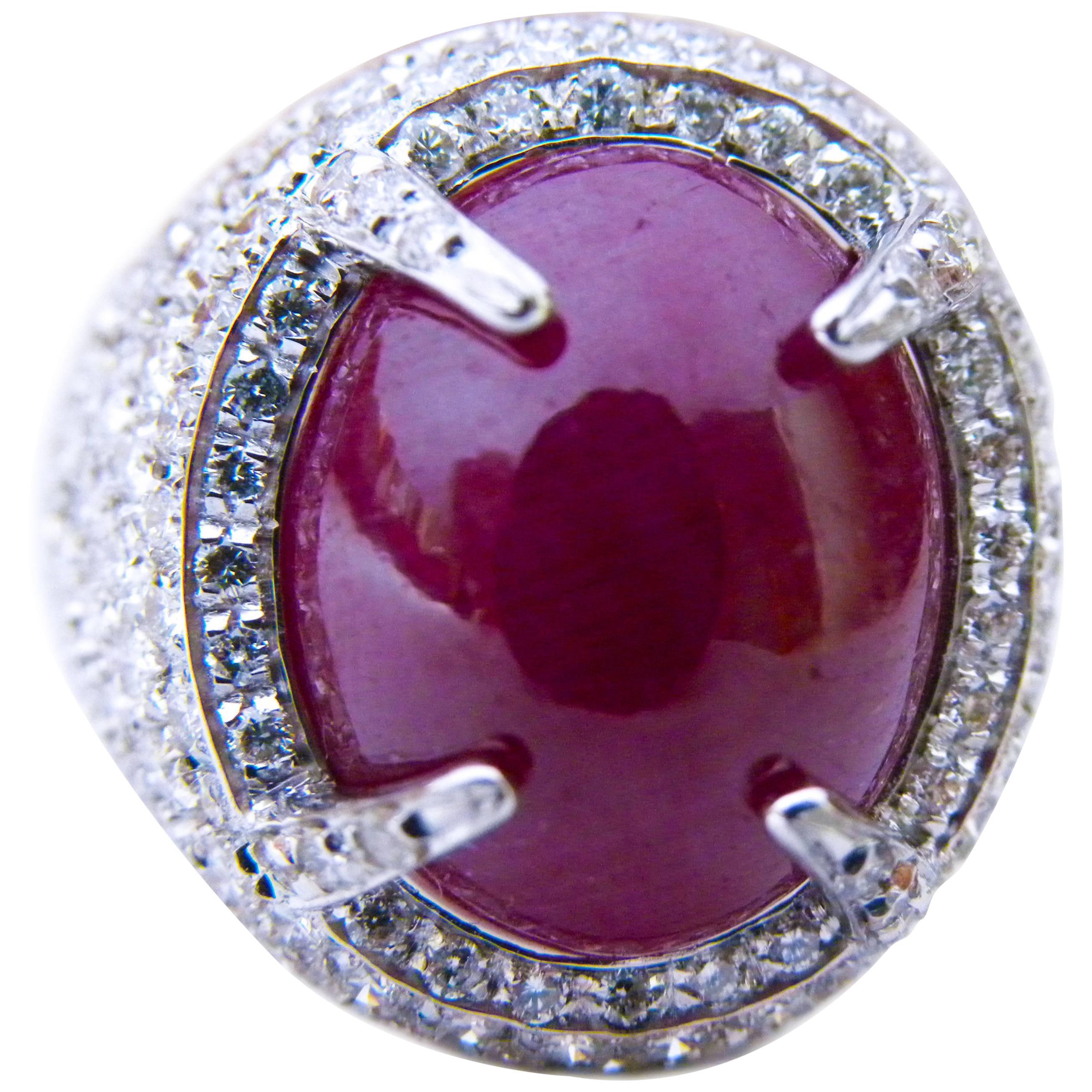 Berca 14.20 Carat Natural Ruby Oval Cabochon White Diamond Cocktail Ring