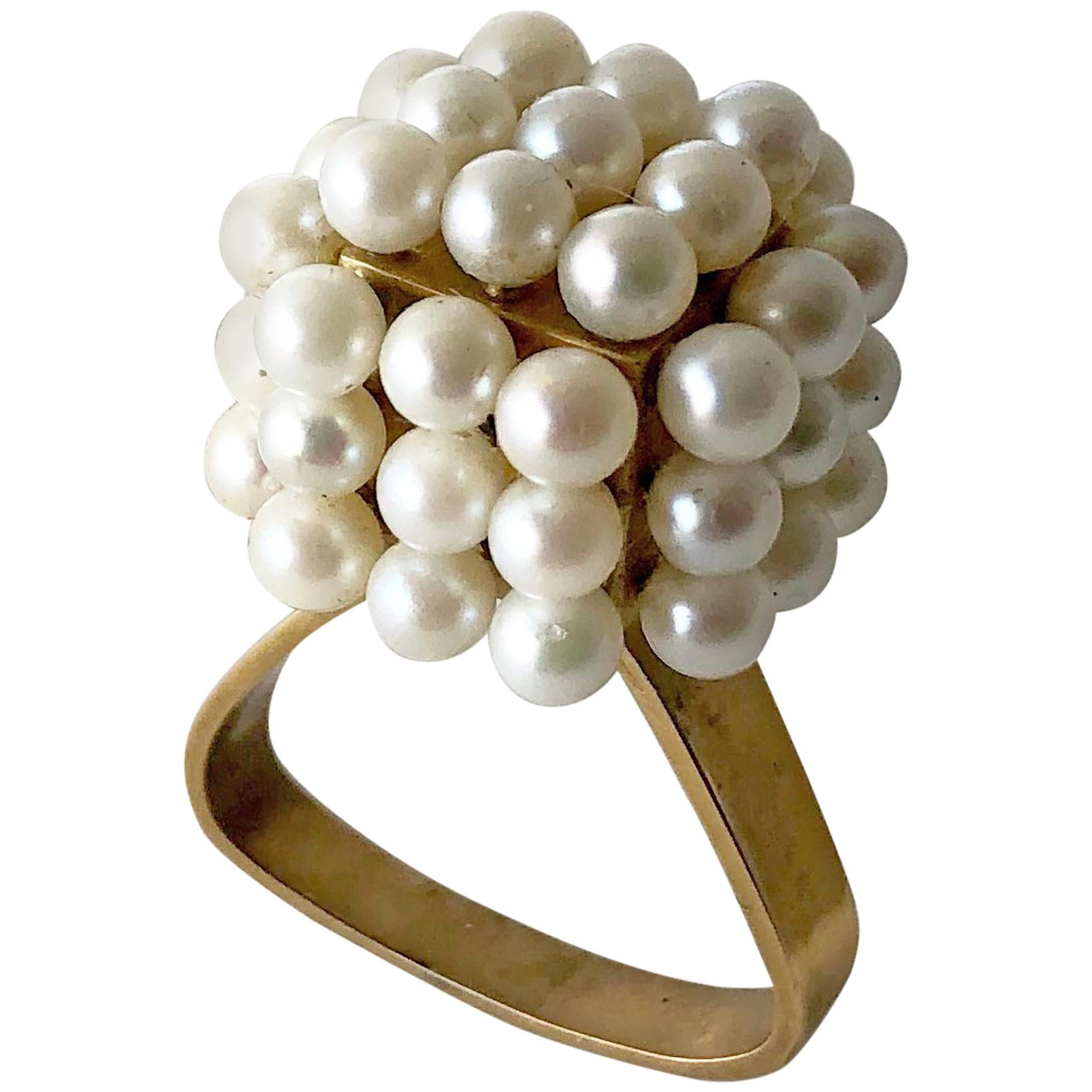 1960s Geometric Custom Scandinavian Modernist Pearl Silver Gold Vermeil Ring For Sale