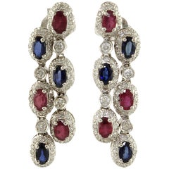 Diamonds Sapphires Rubies White Gold Dangling Earrings