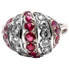 1960 Diamond Ruby 18K Gold Dome Cocktail Ring Band