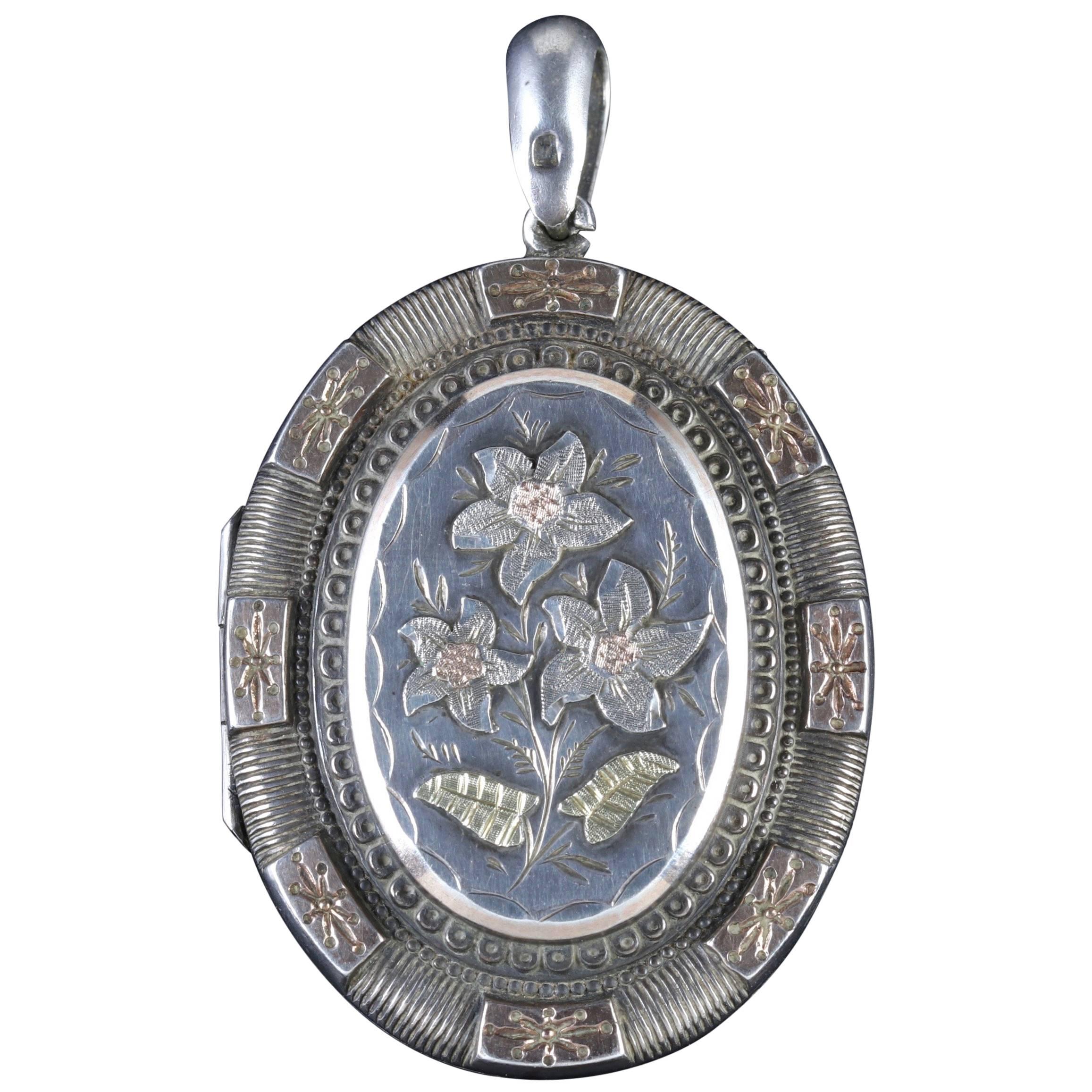 Antique Victorian Locket Silver Gold Forget Me Not, circa 1900