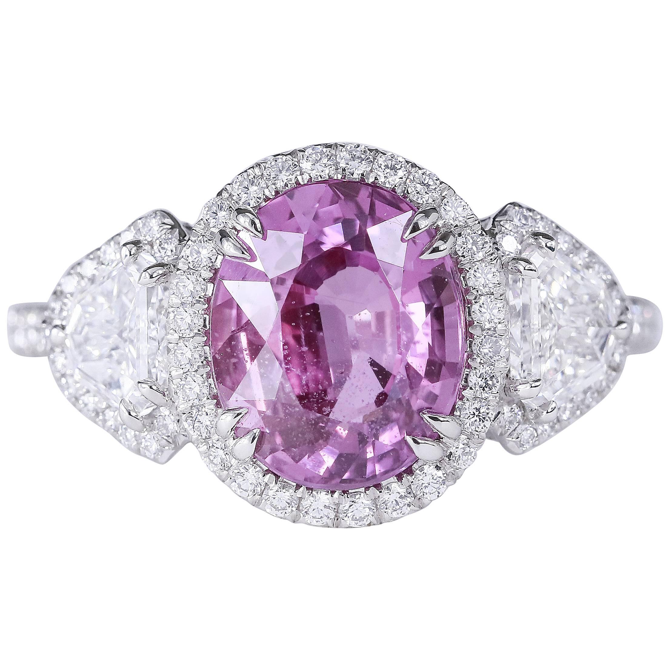 GIA Certified 3.23 Carat Purple-Pink Natural Sapphire Three-Stone Diamond Ring For Sale