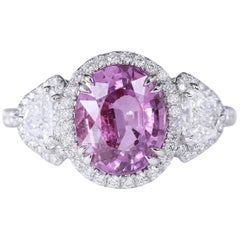GIA Certified 3.23 Carat Purple-Pink Natural Sapphire Three-Stone Diamond Ring