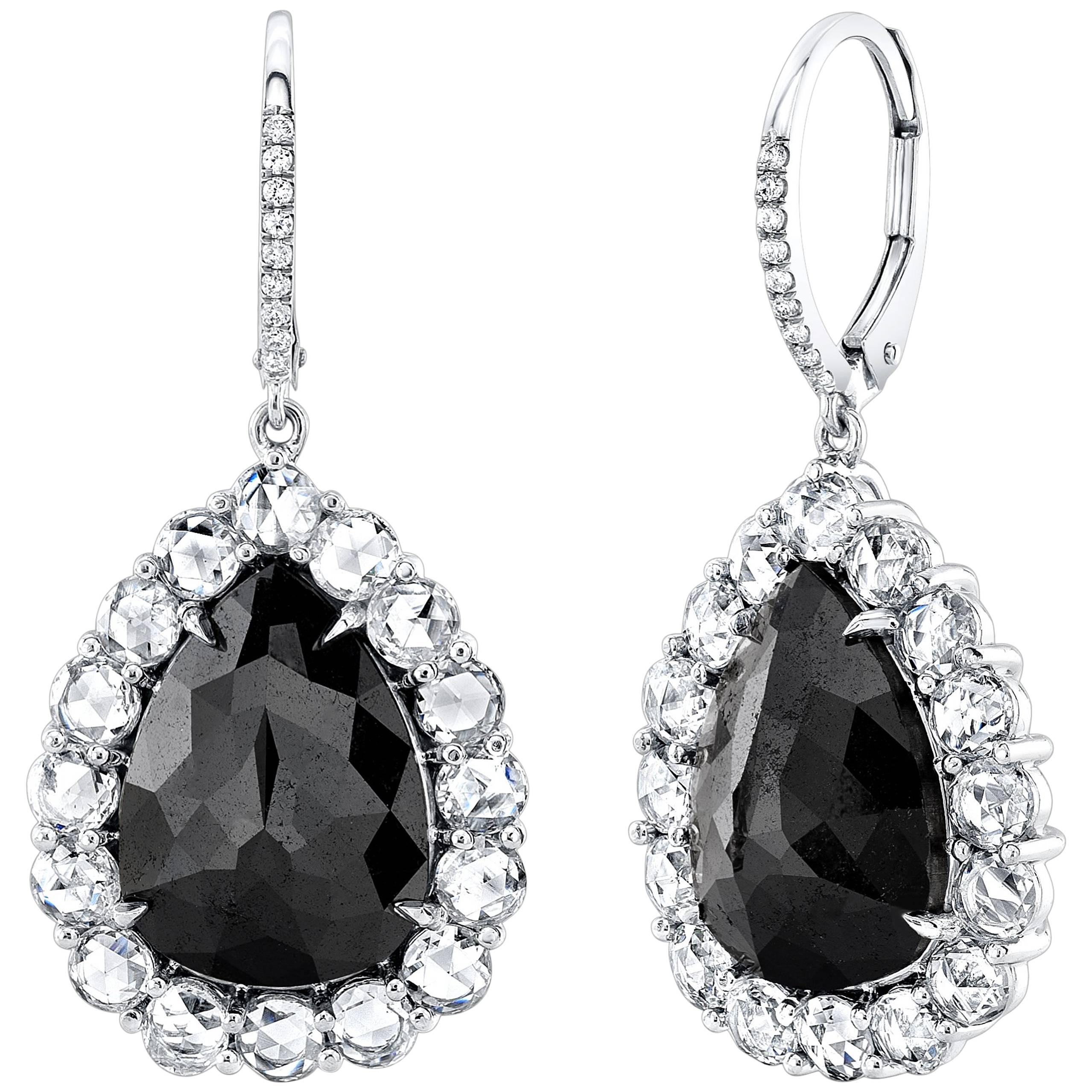 Black Diamond 7.40 Carat TW Pearshape Drop Earrings with Rose Cuts For Sale