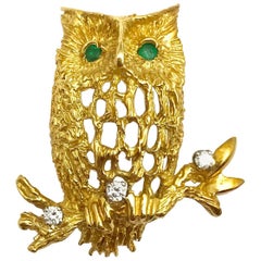 Diamond and Emerald Yellow Gold Owl Brooch