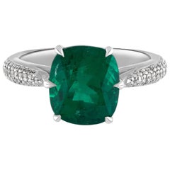 Handmade Platinum, Diamond & 3.17ct Cushion Cut Colombian Emerald Cocktail Ring