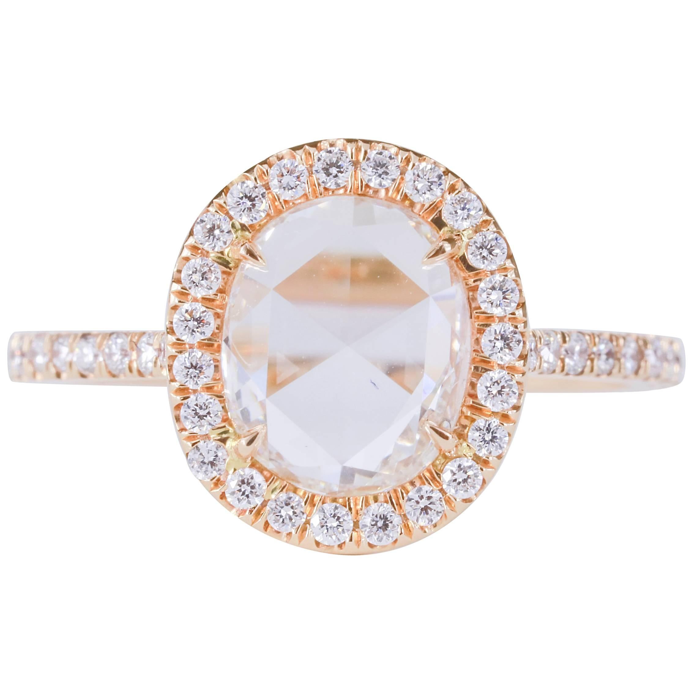 1.49 Carat Oval Rose-Cut Diamond Halo Ring 18 Karat Rose Gold For Sale