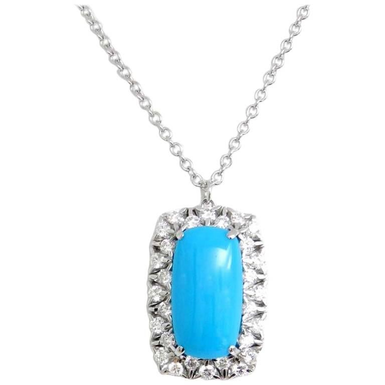 18 Karat White Gold Garavelli Pendant with Chain with Diamonds and Turquoise