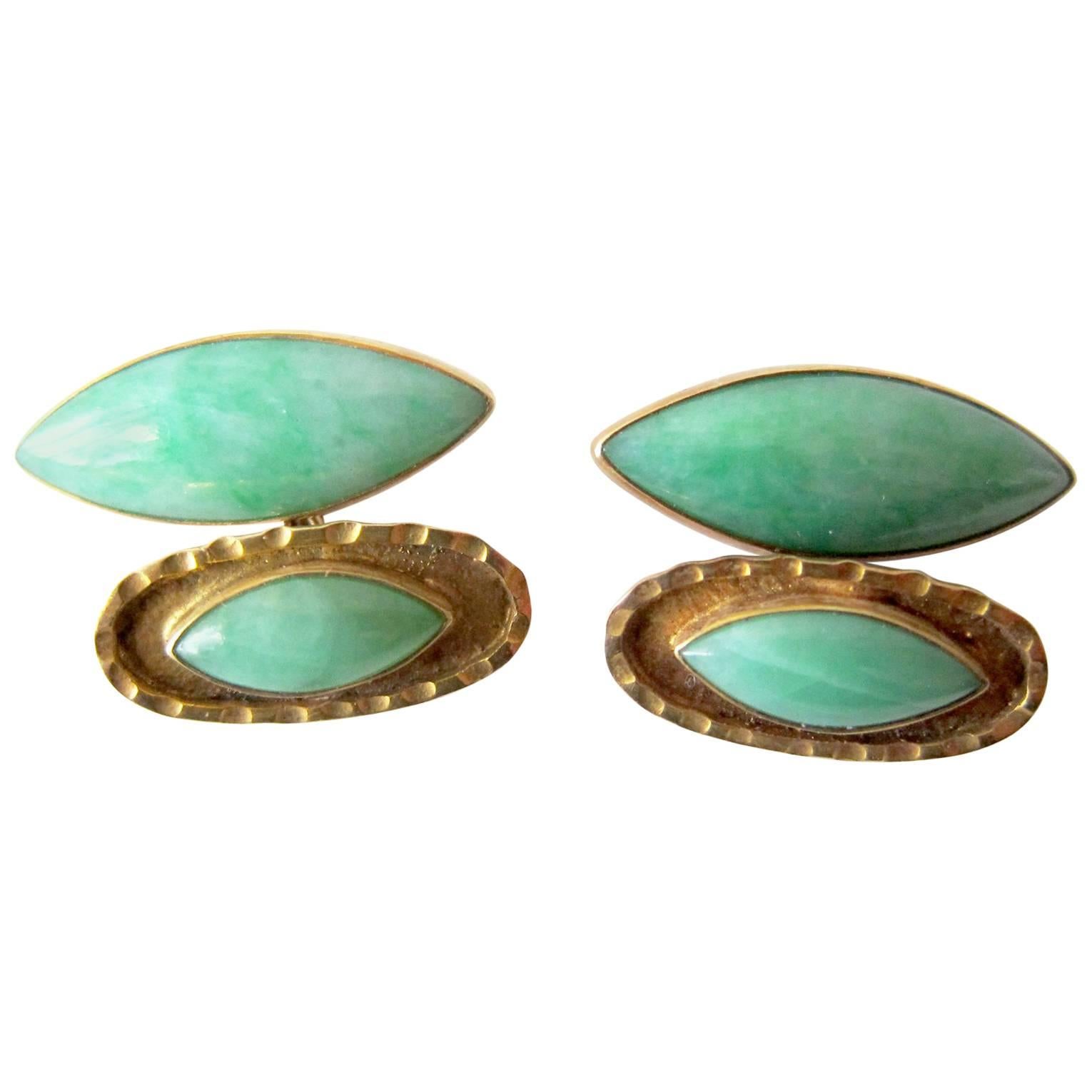 1950s Mid-Century Modern 14k Gold Jade Cufflinks For Sale