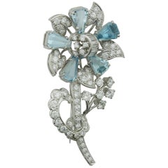 Vintage 1940s Aquamarine and Diamond Flower Brooch in Platinum