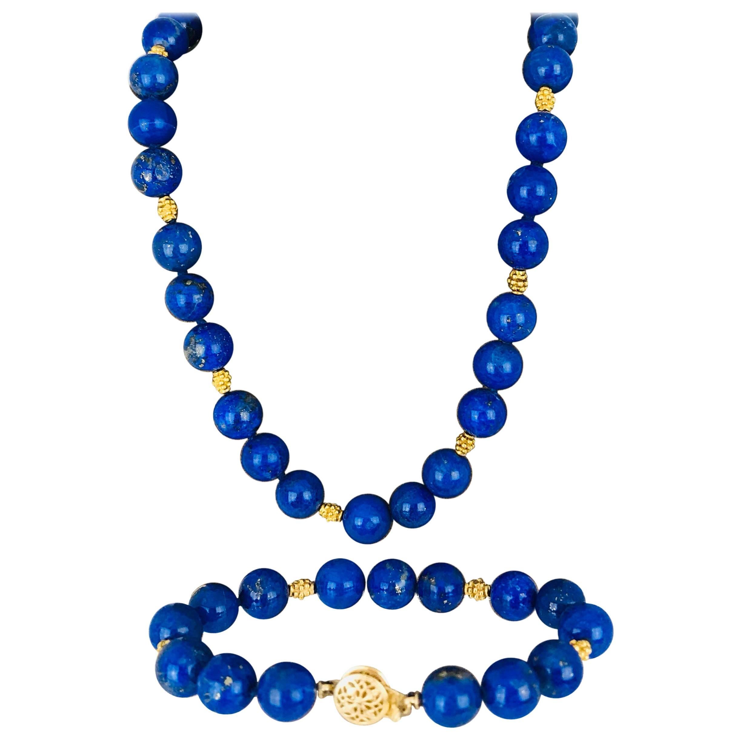 Lapis Lazuli Necklace and Bracelet, Contemporary 14 Karat Nugget Accents