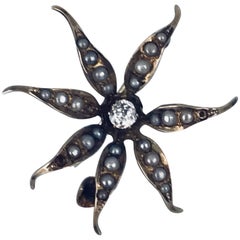 Dancing Diamond Pin, Victorian Era with Mine-Cut Diamond, Seed Pearls