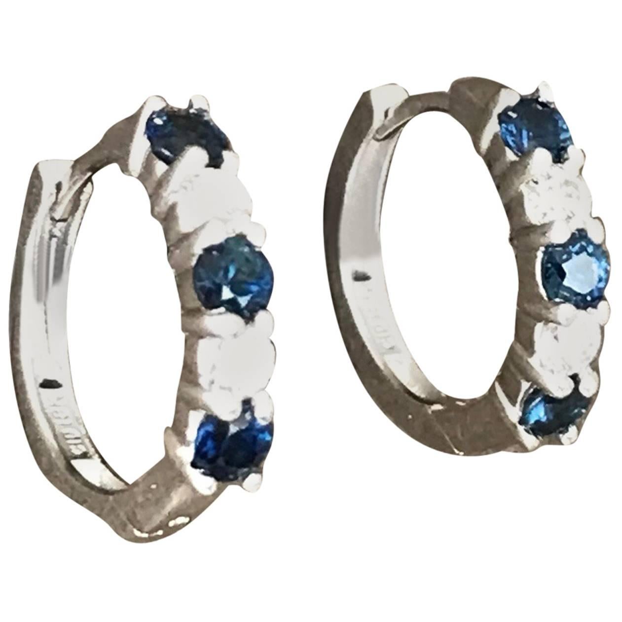 Alternating, Sapphire Diamond Earring Huggies, 18 Karat White Gold Contemporary For Sale