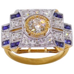 Vintage European Cut Diamond Sapphire Yellow Gold Dress Ring