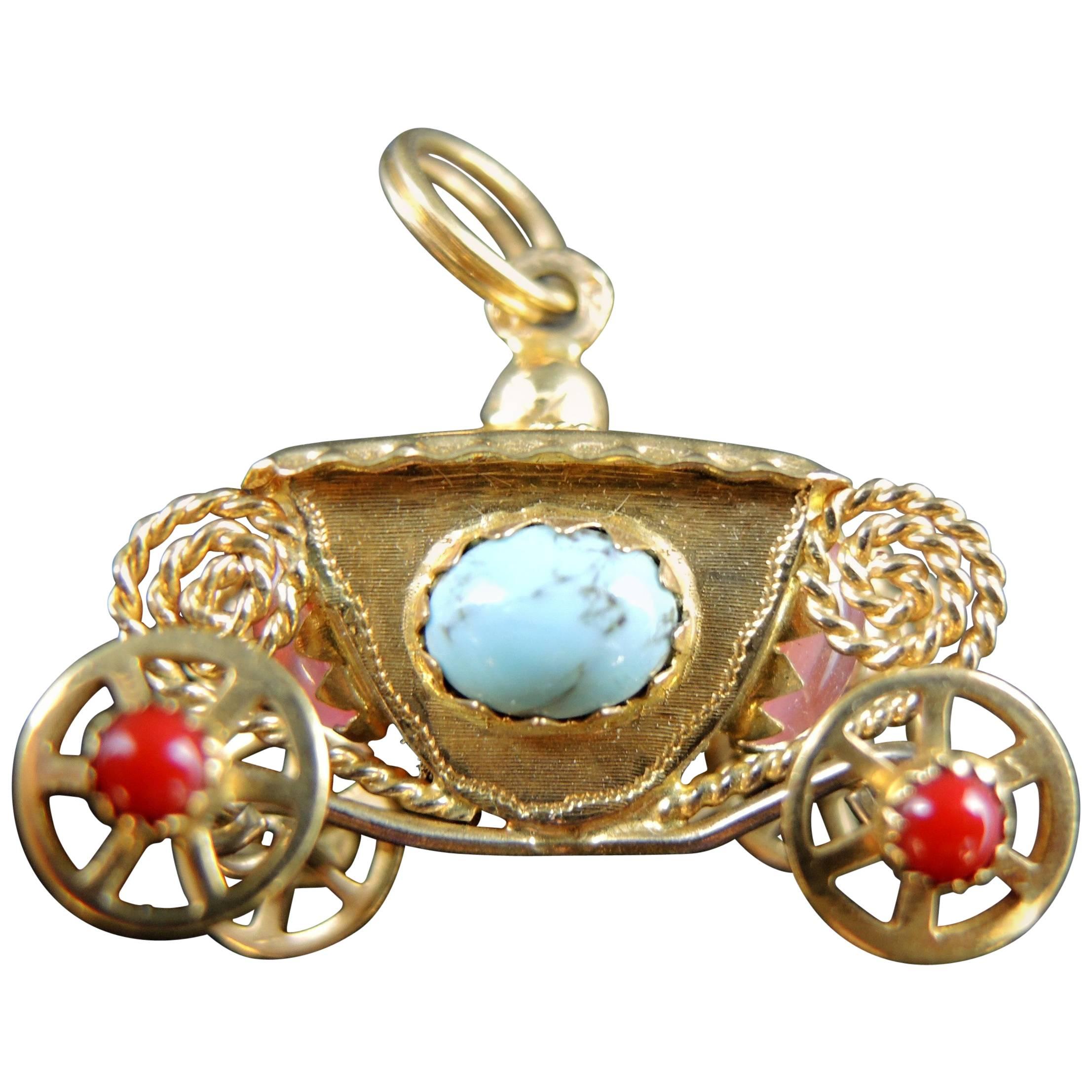 Vintage Rolling Coach Pendant with Colored Stones, circa 1970 For Sale
