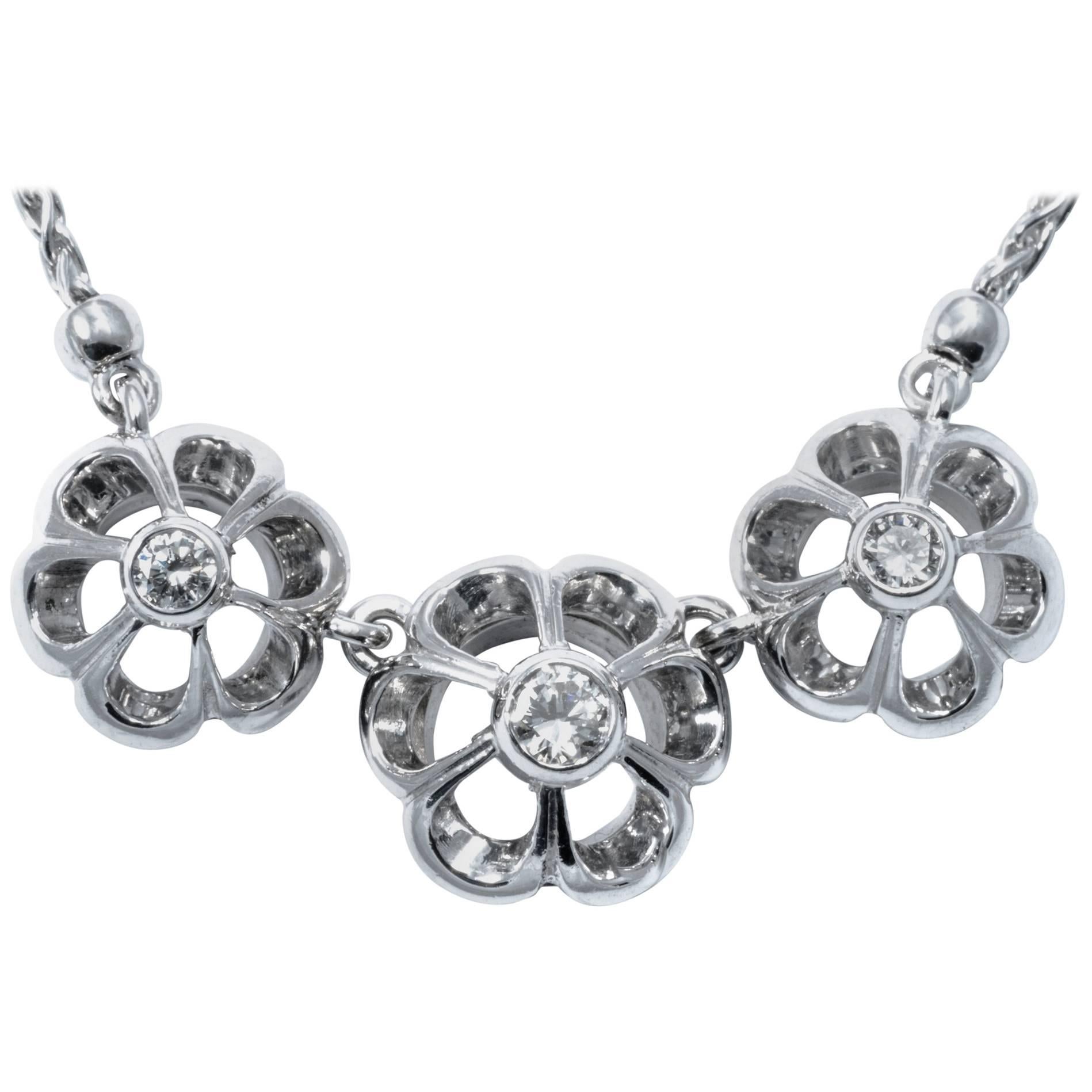 1950 Retro Floral Diamond 18K Gold Necklace For Sale