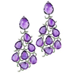 Fei Liu Purple Amethyst Diamond Green Garnet 18K Black Gold Chandelier Earrings