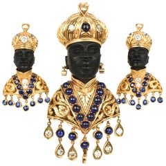 18 Karat Gold Blackamoor Brooch Earrings Diamonds Sapphires