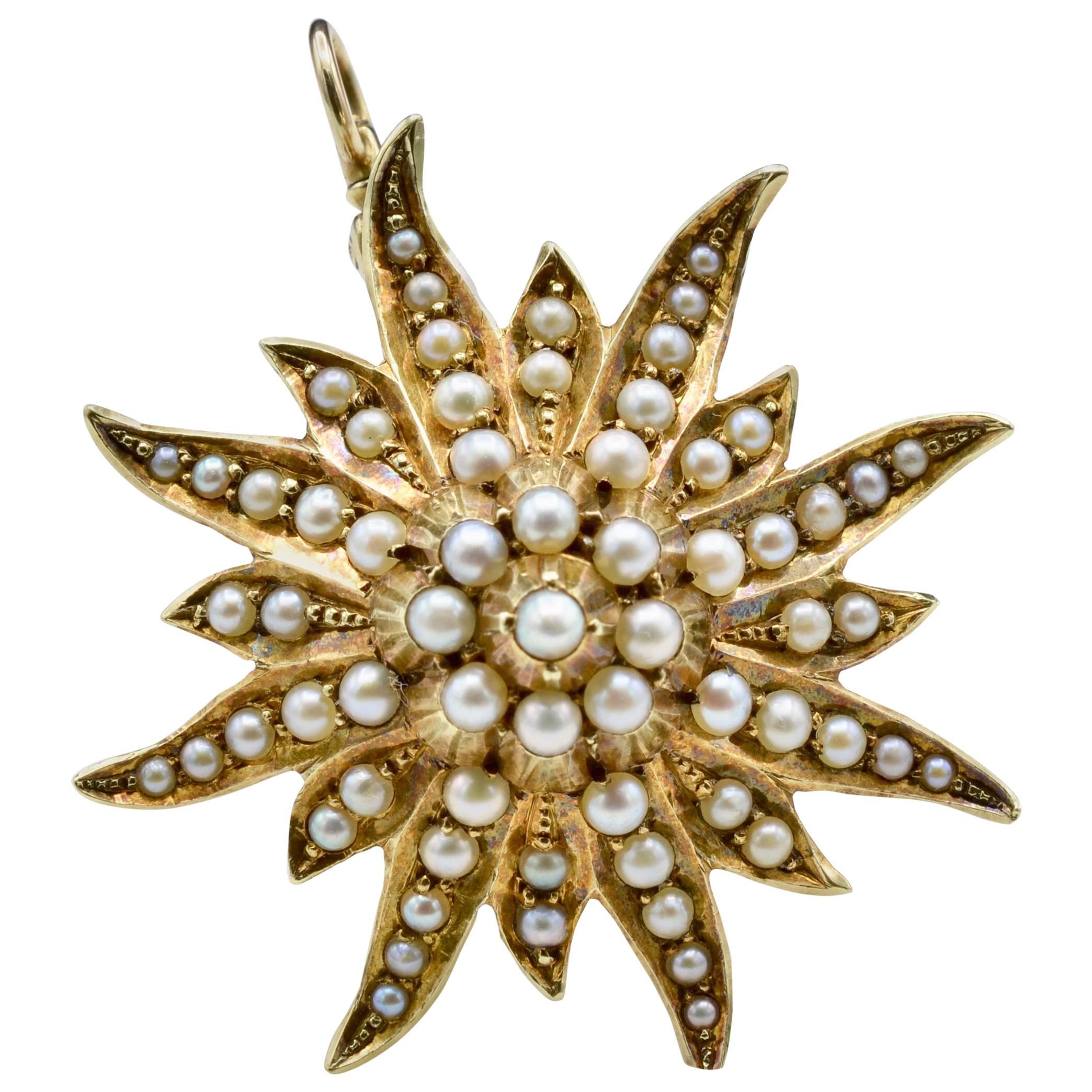 Victorian Natural Fine Seed Pearl Pendant in Yellow Gold in a Sun Star Fashion