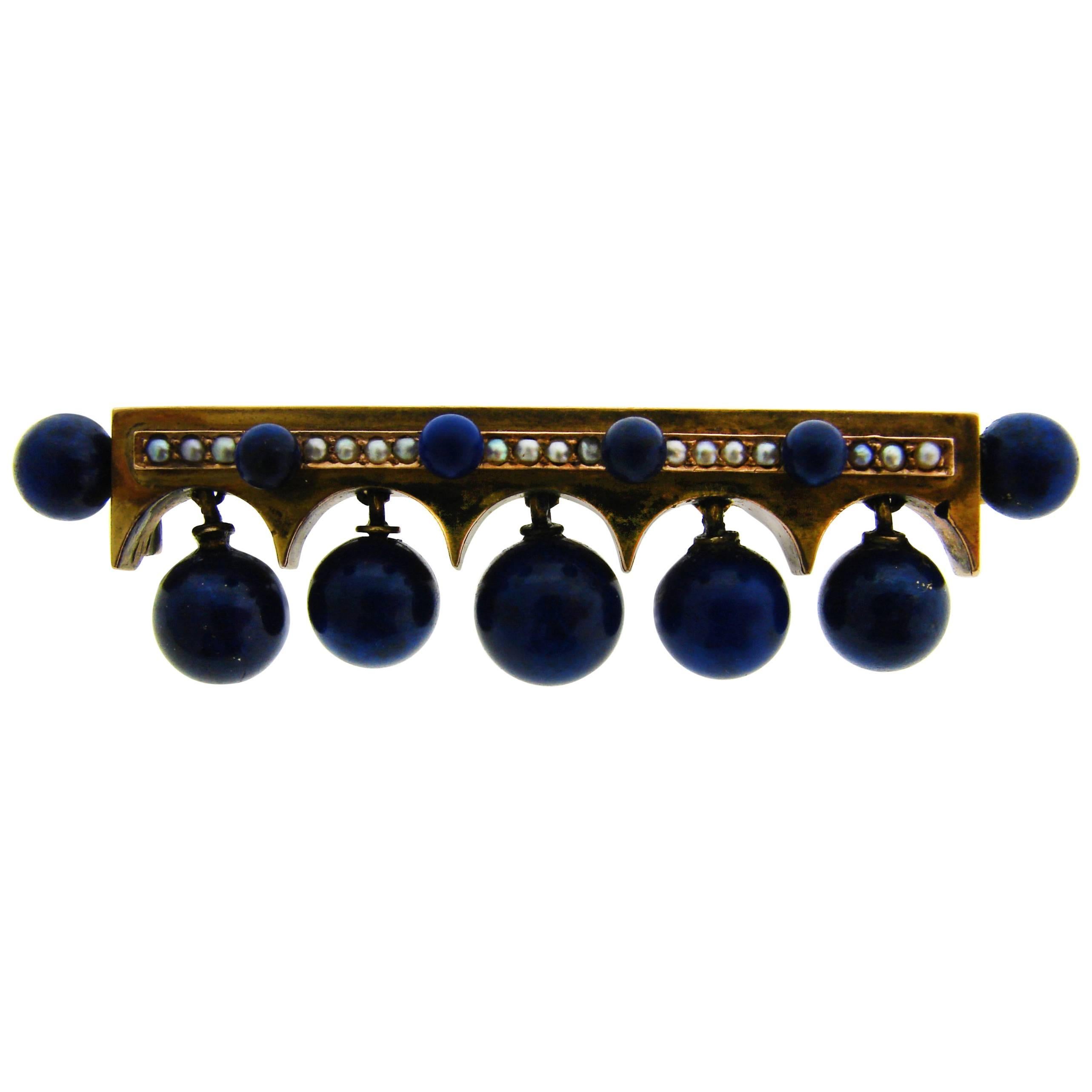 Lapis Lazuli Seed Pearl Yellow Gold Pin Brooch Clip European For Sale