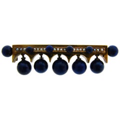 Antique Lapis Lazuli Seed Pearl Yellow Gold Pin Brooch Clip European