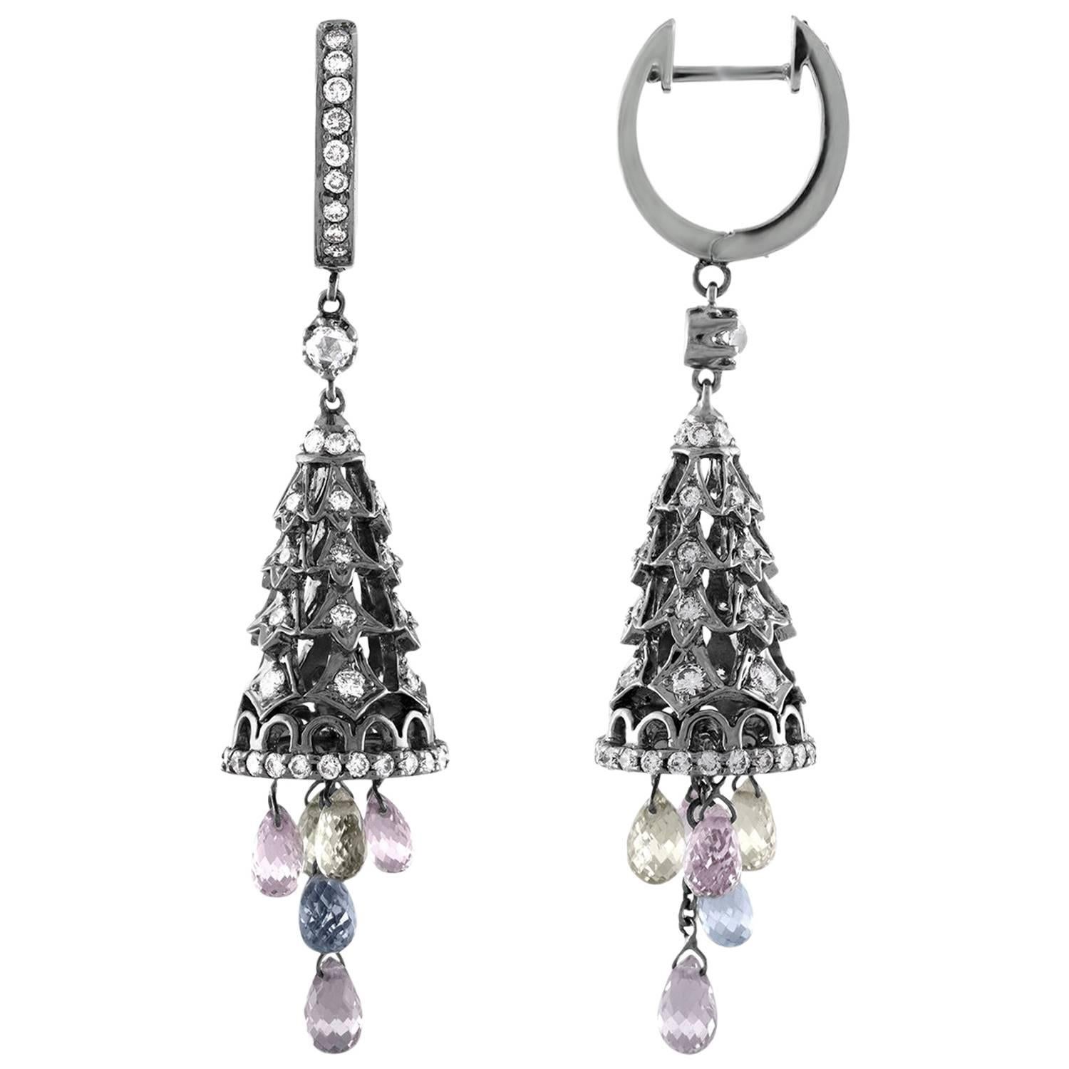 1.42 Carat Diamonds with Dangling Sapphire Briolettes Gold Earrings For Sale