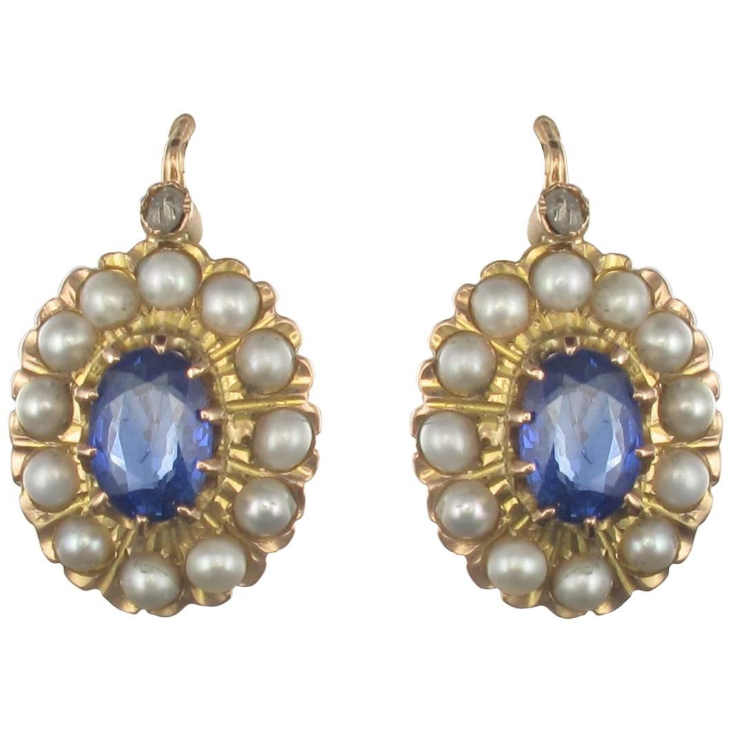 1900s French Belle époque Sapphire Cultured Pearl Drop Earrings