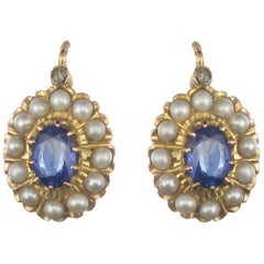 Antique 1900s French Belle époque Sapphire Cultured Pearl Drop Earrings