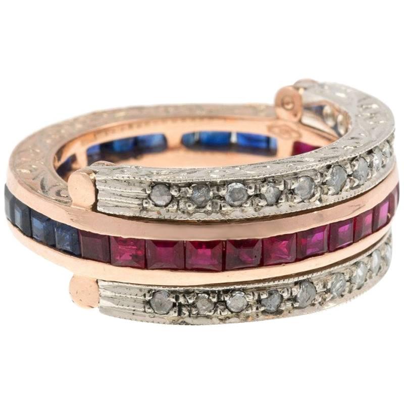 Handcrafted Italian Rose Gold Ruby Sapphire and Diamond Hinged Eternity Ring For Sale