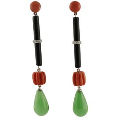 Onyx, Green Jade, Diamonds, Red Coral, 14K White Gold Dangle Earrings