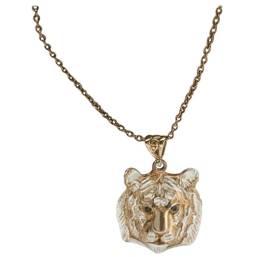 Tiger Head Pendant in Silver and 18 Karat Gold Vermeil with Black Diamonds For Sale