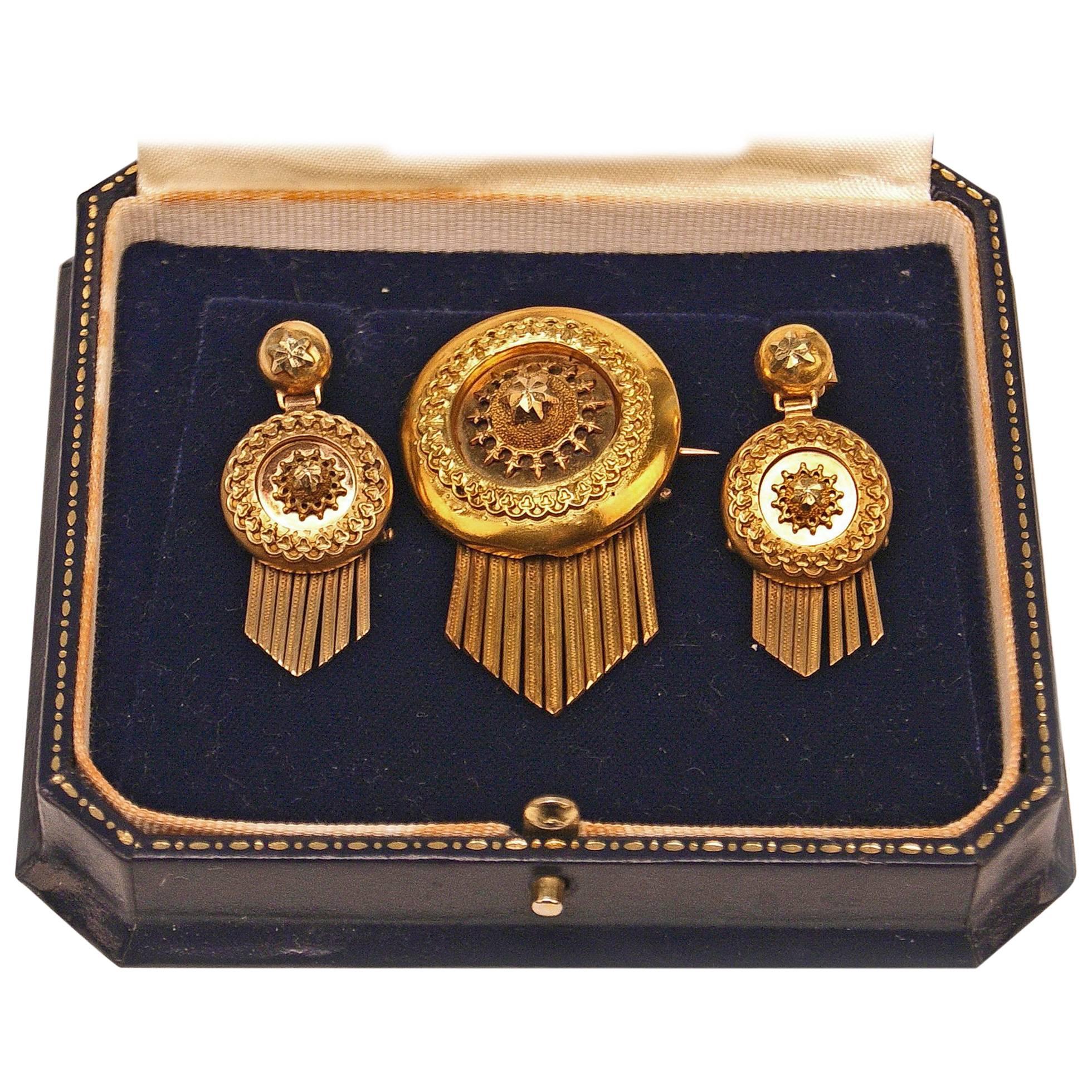 Drop Earring Brooch Jewelry Set 14 Carat Gold 585 Vintage, Vienna, Austria