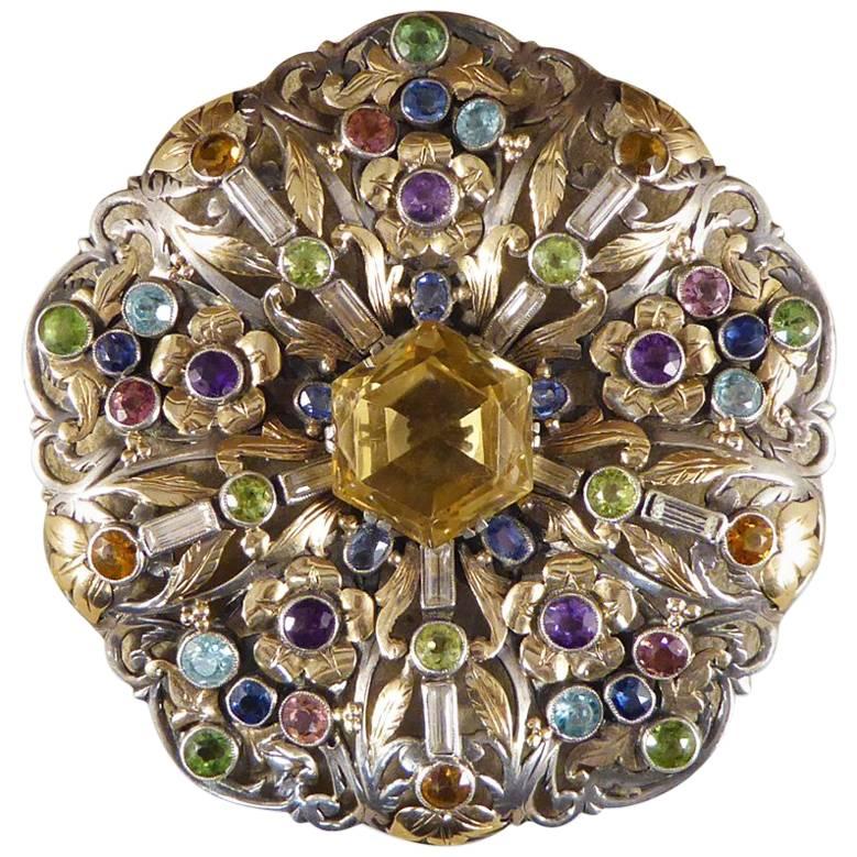 Arts & Crafts Large Multi Gem Set Brooch in Both Silver and Gold