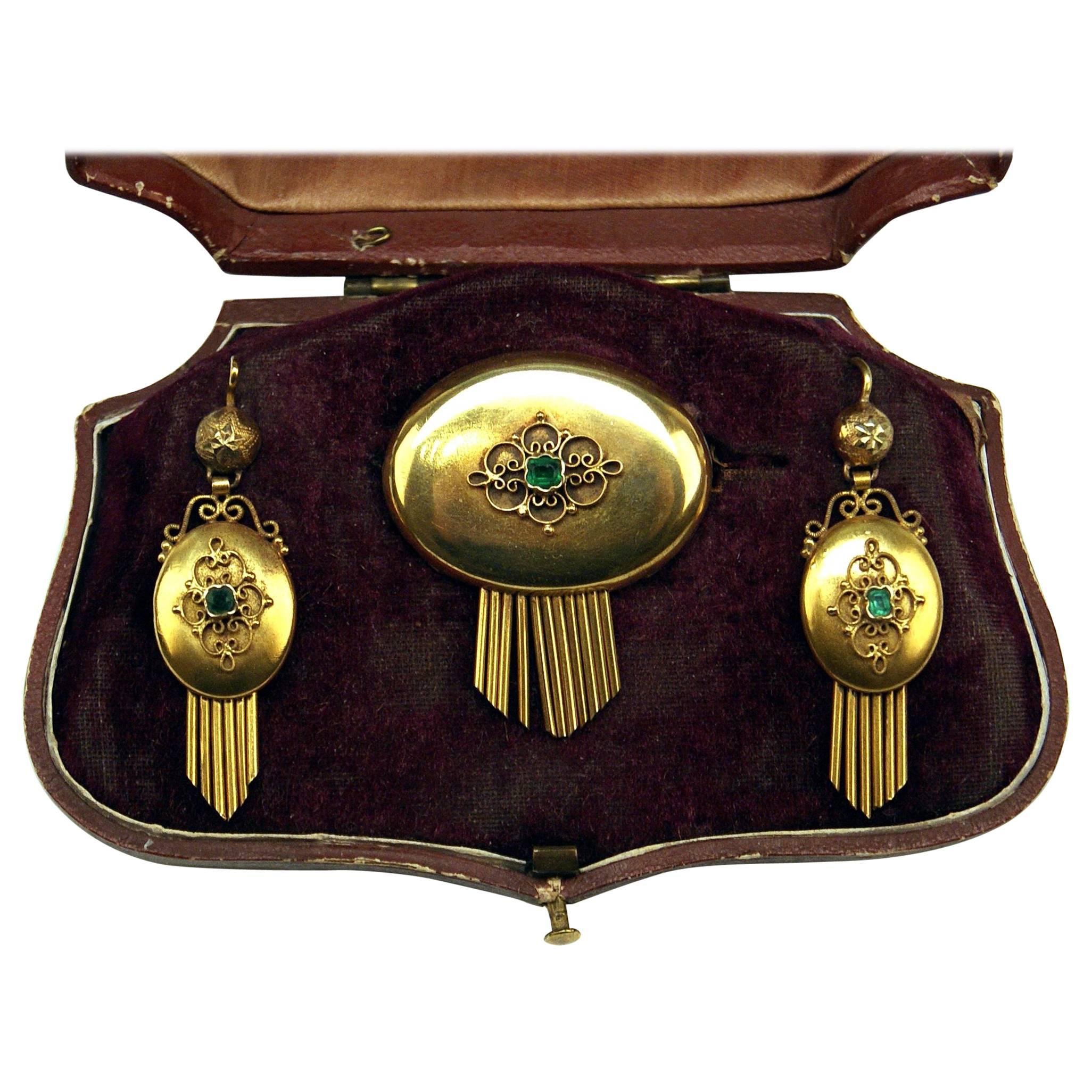 Drop Earring Brooch Jewelry Set 14 Carat Gold Emeralds Vintage Vienna, Austria