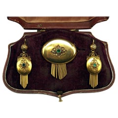 Drop Earring Brooch Jewelry Set 14 Carat Gold Emeralds Vintage Vienna, Austria