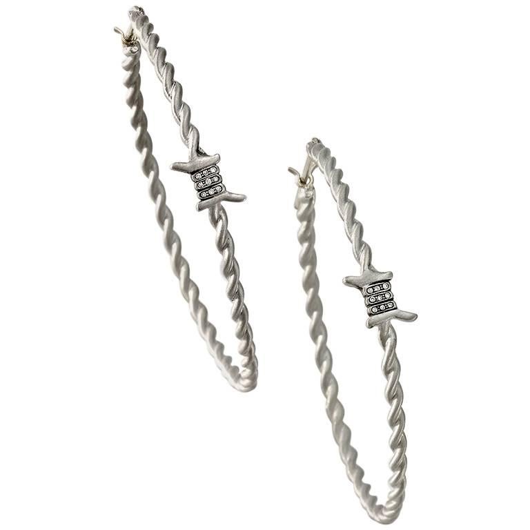 Wendy Brandes Barbed Wire Platinum Hoops With Satin Finish and Diamond Accents For Sale
